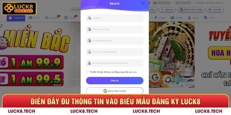 Điền đầy đủ thông tin vào biểu mẫu đăng ký Luck8