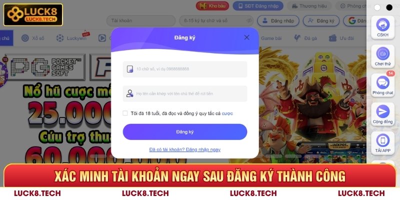 Xác minh tài khoản ngay sau đăng ký Luck8 thành công