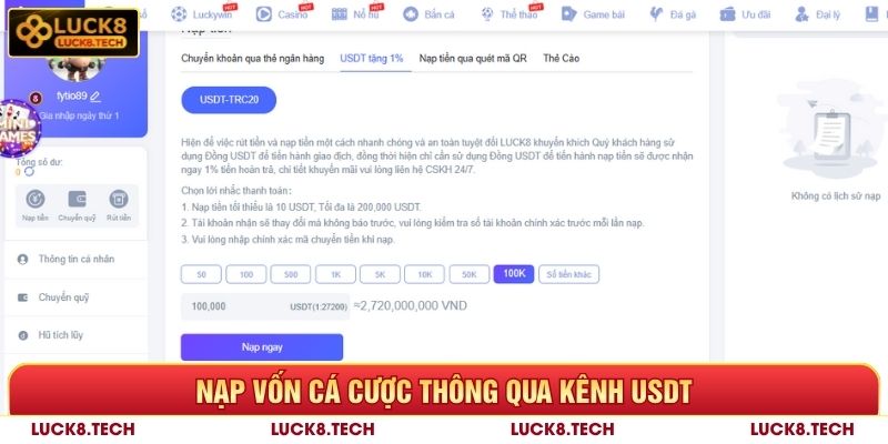 Nạp tiền Luck8 nhanh thông qua kênh USDT