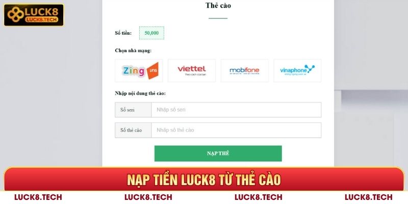 Nạp tiền Luck8 thẻ cào vào tài khoản game